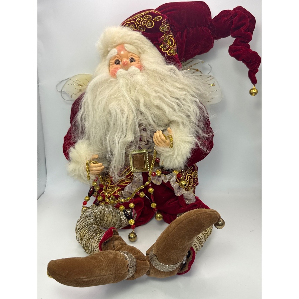 Vintage Burgundy Velvet Santa Claus Christmas Fairy Doll Shelf Sitter Gold Trim